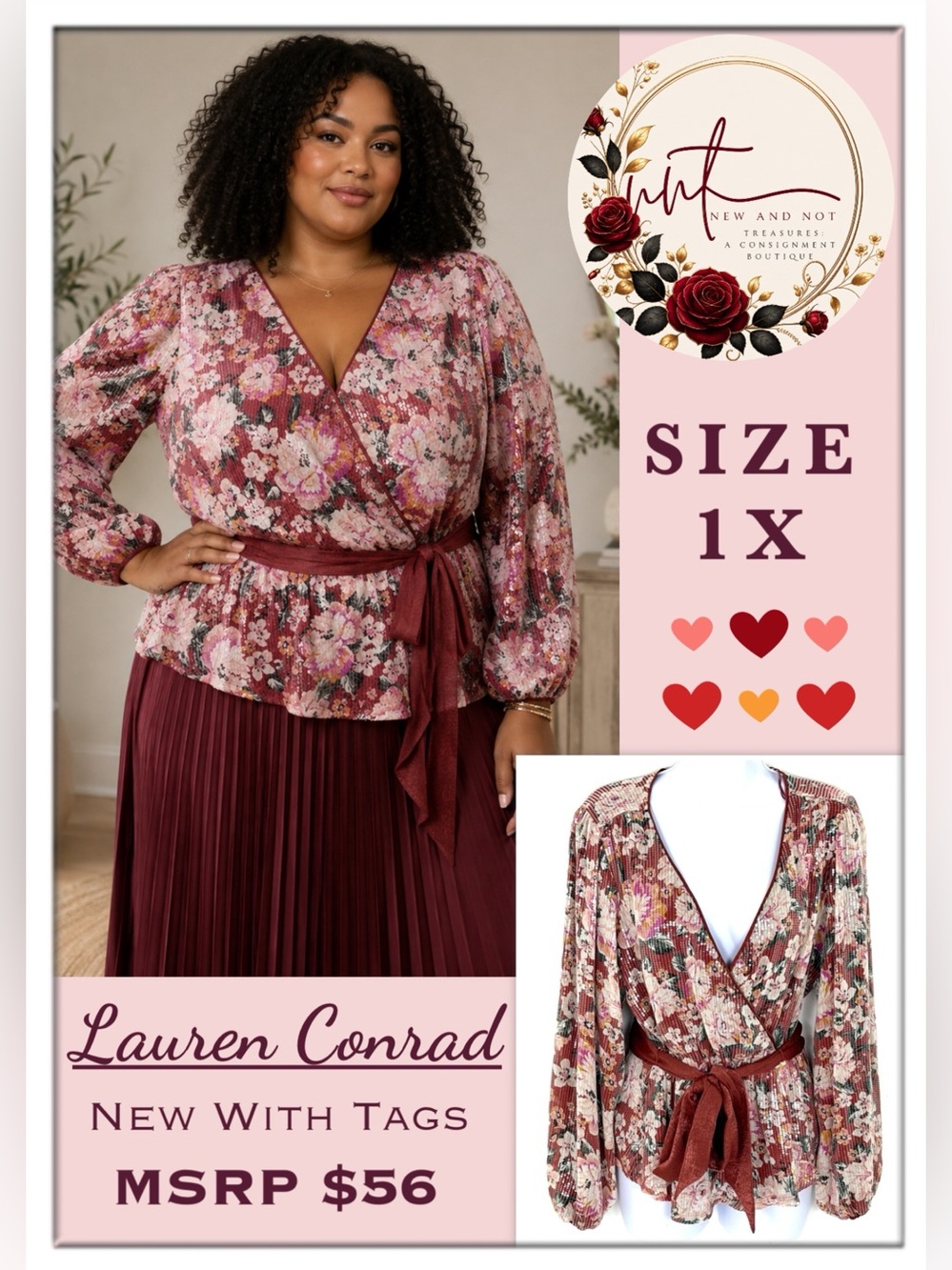 Lauren Conrad Plus 1X Floral Sequin Faux Wrap Peplum Blouse Sash NWT $56